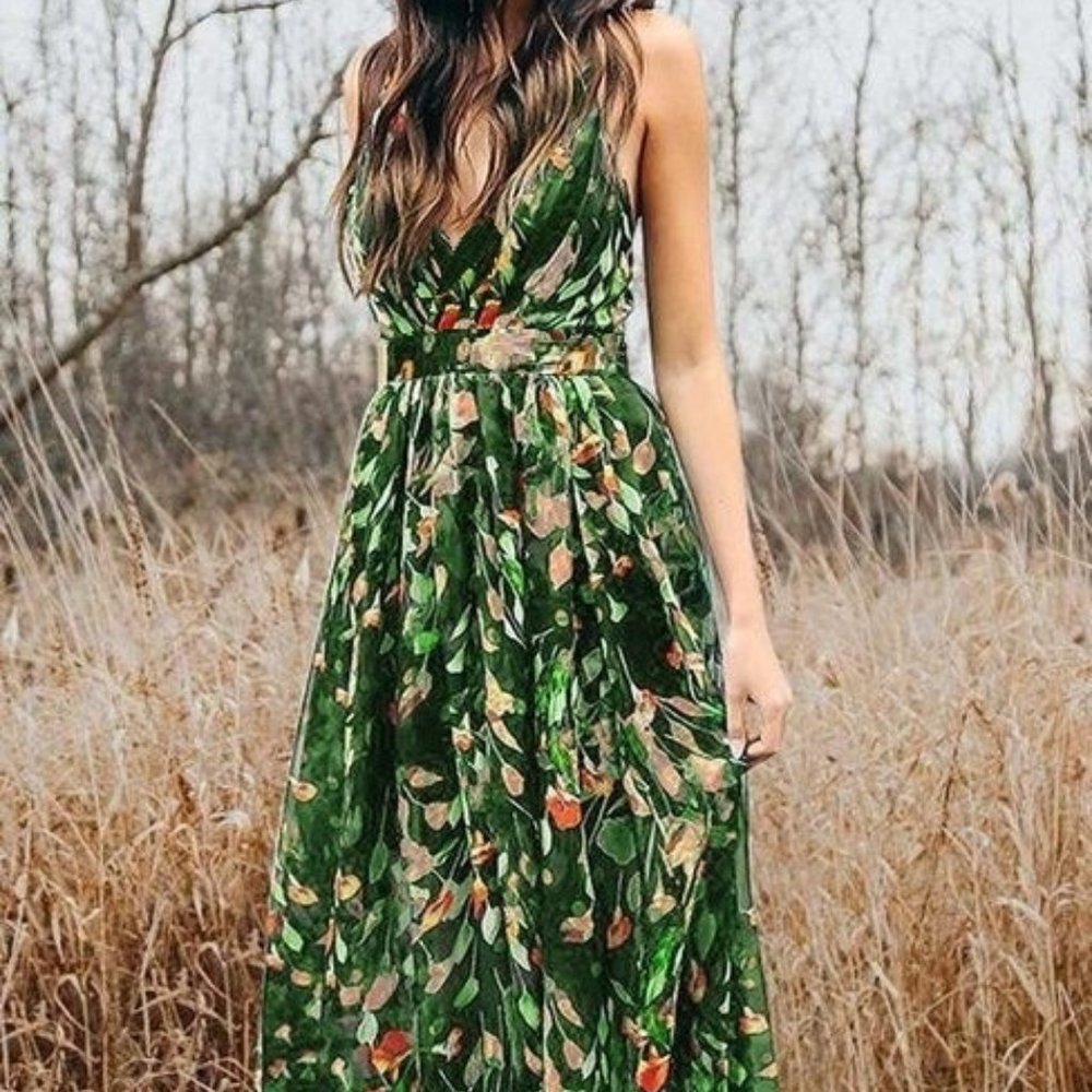 Green Floral Maxi Dress w/ Surplice Vneck